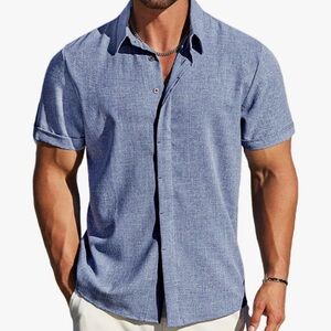 Men's Blue Short Sleeve Shirt Linen Blend NWT XL